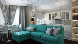 Turquoise sofa in the kitchen interior