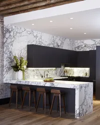 Marbled wallpaper in the kitchen interior