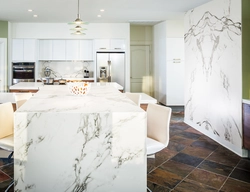 Marbled wallpaper in the kitchen interior