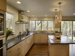 Kitchen interior with a large window in the house