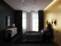 Black curtains in the living room interior