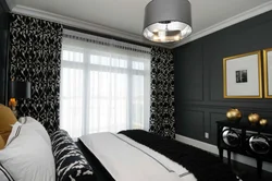 Black curtains in the living room interior