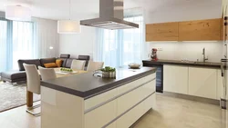 Living room kitchen design with island and sofa