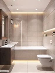 Photo of a bathroom with tiles, modern design in light colors
