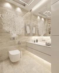 Photo of a bathroom with tiles, modern design in light colors