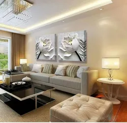 Paintings in the living room interior above the sofa in a modern style