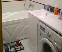 Photo Of A Bathroom Countertop Under The Sink And Washing Machine