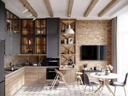 Wooden kitchen in a loft interior