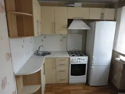 Small kitchen design with refrigerator and gas