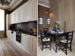 Interior white kitchen dark floor