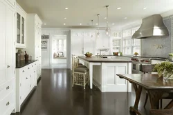 Interior white kitchen dark floor