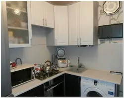 Kitchen 6 sq m photo with refrigerator and washing machine