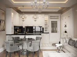 Neoclassicism in the interior of the kitchen-living room combined