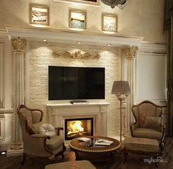 Дизайн гостиной в доме в классическом стиле с камином фото
