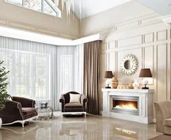 Design of a living room in a house in a classic style with a fireplace photo