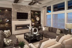 Living room design with electric fireplace and TV photo