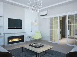 Living room design with electric fireplace and TV photo