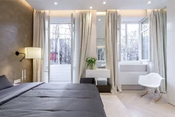 Інтэр'ер спальні прастакутная з двума вокнамі