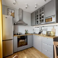 Kitchen in a small apartment photo with refrigerator design