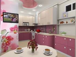 What color goes with pink in the kitchen interior photo