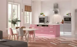 What color goes with pink in the kitchen interior photo