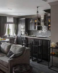 Gray kitchens in the interior combined with a living room