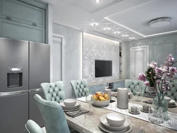 Gray kitchens in the interior combined with a living room