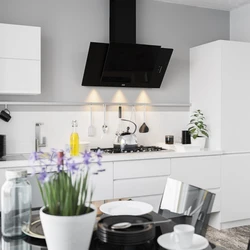Kitchen design with an inclined hood in the interior