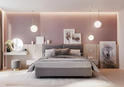 Bedroom interior in gray and pink tones