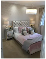 Bedroom interior in gray and pink tones