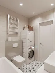 Modern Design Of A Bathroom Combined With A Bathtub And Washing Machine