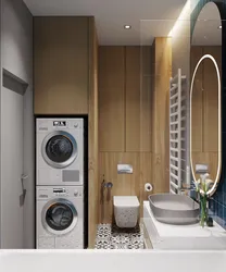 Modern bathroom design in Khrushchev with a washing machine