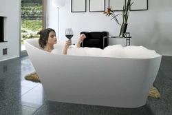Bath interior with freestanding bathtub