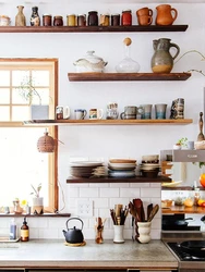 Shelves in a modern kitchen interior