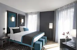 What color goes with blue in the bedroom interior
