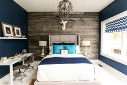 What color goes with blue in the bedroom interior