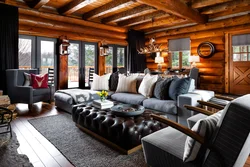 Modern living room in a wooden house photo