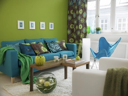 Combination of blue color with others in the living room interior