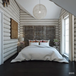 Bedroom Interior Of A Wooden House Made Of Logs