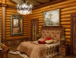 Bedroom Interior Of A Wooden House Made Of Logs