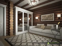 Bedroom interior of a wooden house made of logs