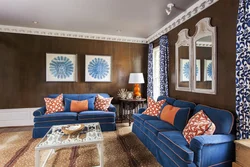 Living room interior in blue-brown color