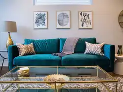 Turquoise sofa photo in the living room interior