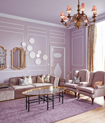 Lilac color in the living room interior combination with other colors