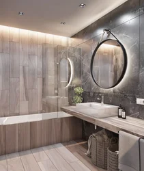 Bathroom interior with marble and wood tiles