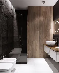 Bathroom interior with marble and wood tiles