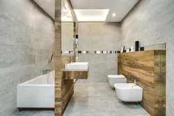 Bathroom interior with marble and wood tiles