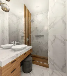 Bathroom interior with marble and wood tiles