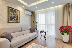 Interior design of living room with light wallpaper