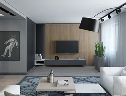 Living room interior with TV on the wall in a modern interior photo